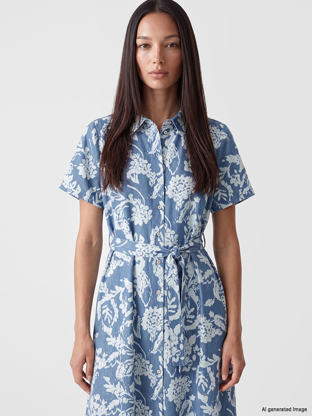 Collared Neck Patterned Belted Waist Denim Dress-1