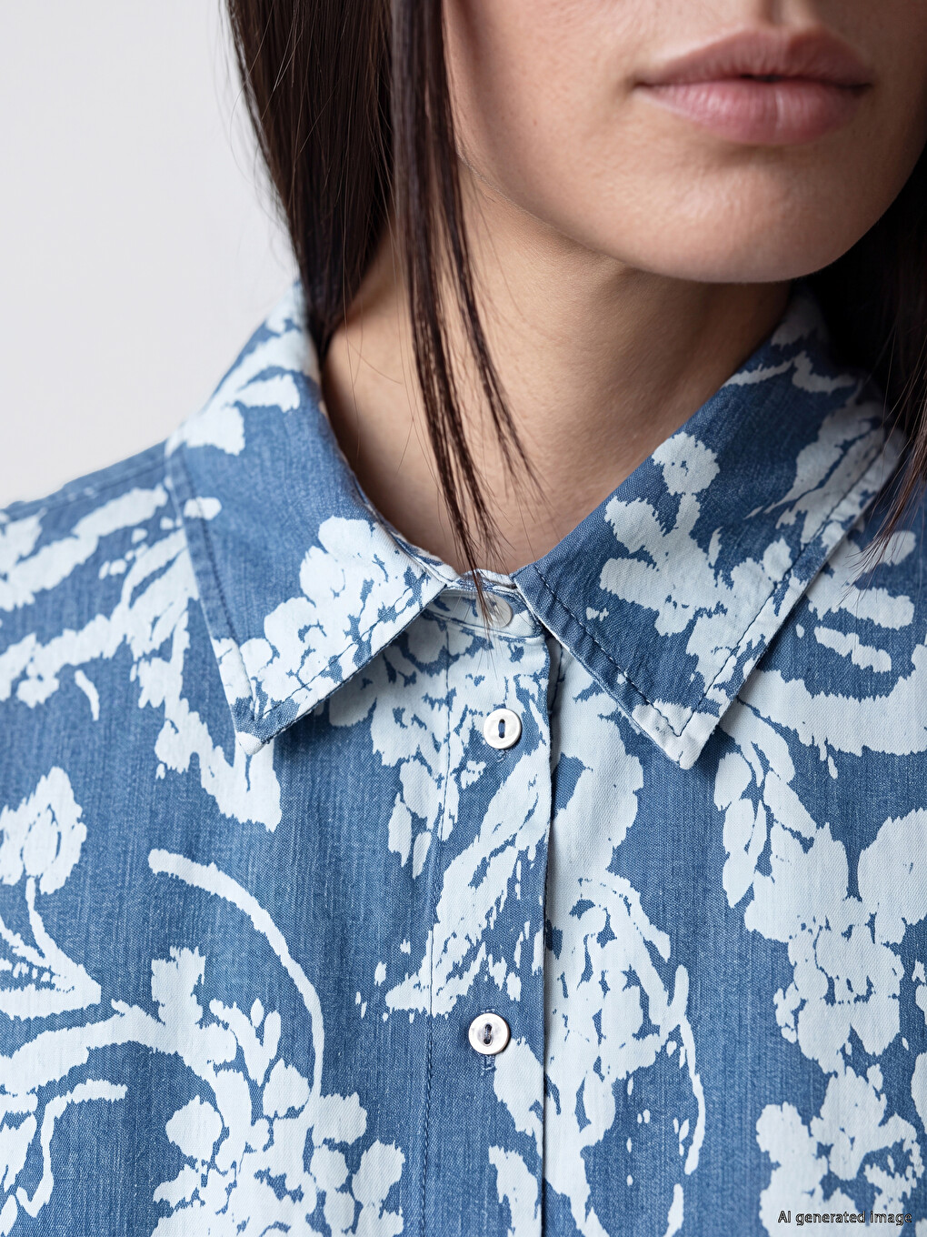 Collared Neck Patterned Belted Waist Denim Dress-2