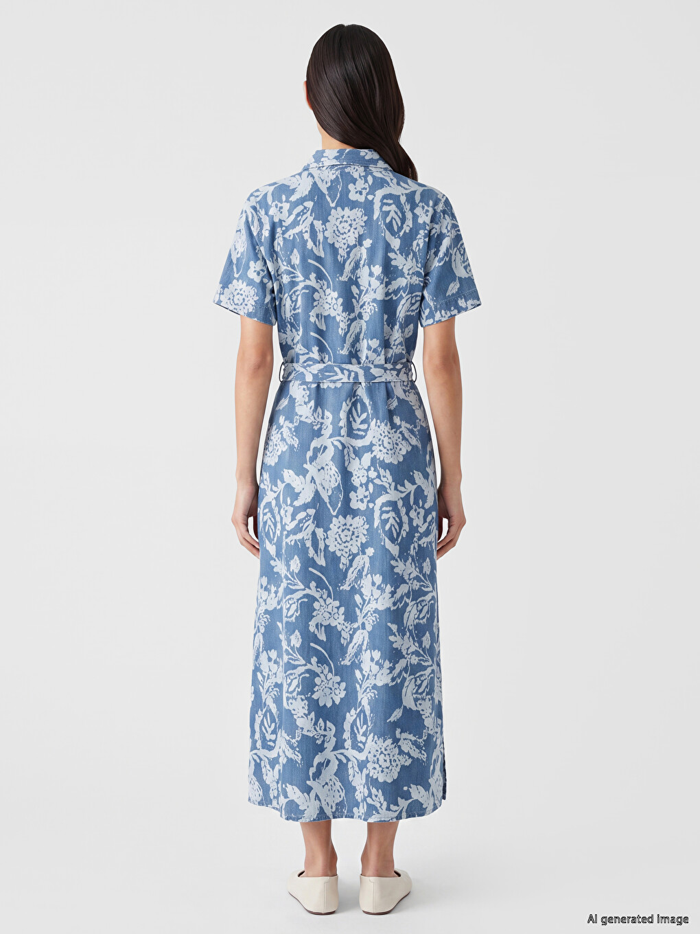 Collared Neck Patterned Belted Waist Denim Dress-3