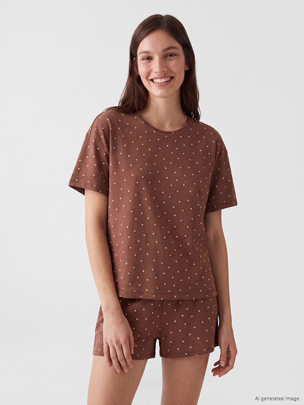 Kahverengi Kalp Desenli Kadın Şortlu Pijama Takımı-1