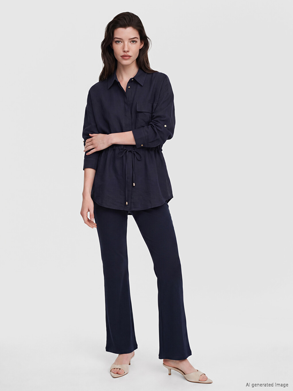 Beli Bağcıklı Oversize Kadın Gömlek-1