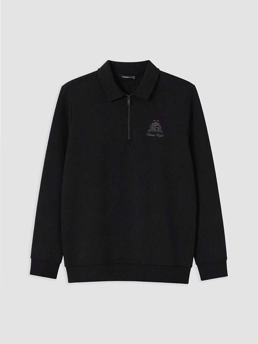 Siyah Polo Yaka Baskılı Erkek Kalın Sweatshirt