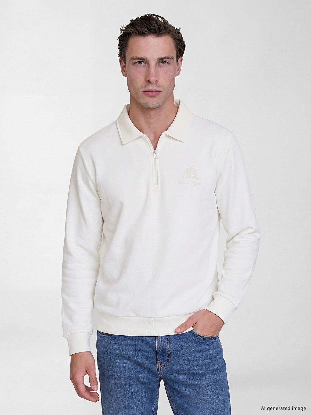 Beyaz Polo Yaka Baskılı Erkek Sweatshirt