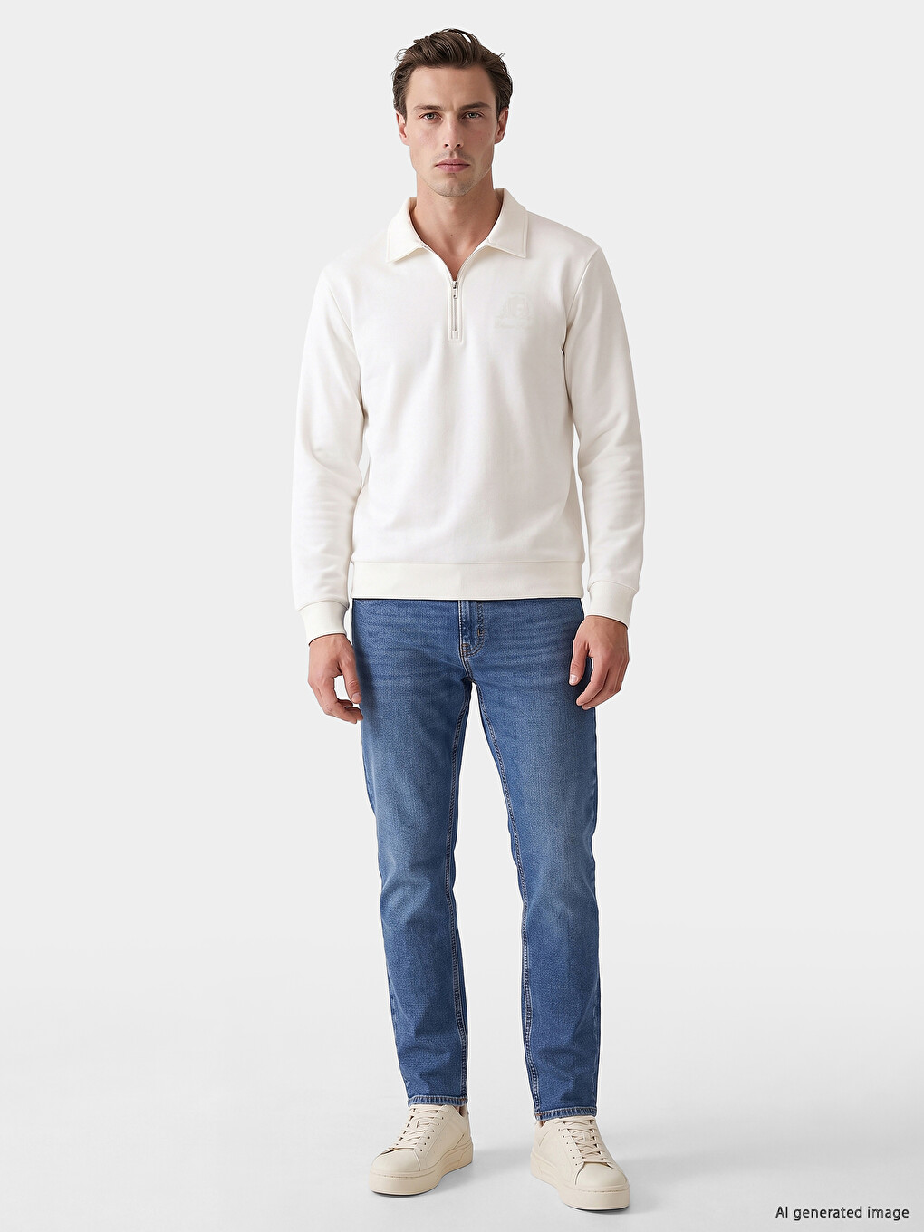 Beyaz Polo Yaka Baskılı Erkek Sweatshirt-1