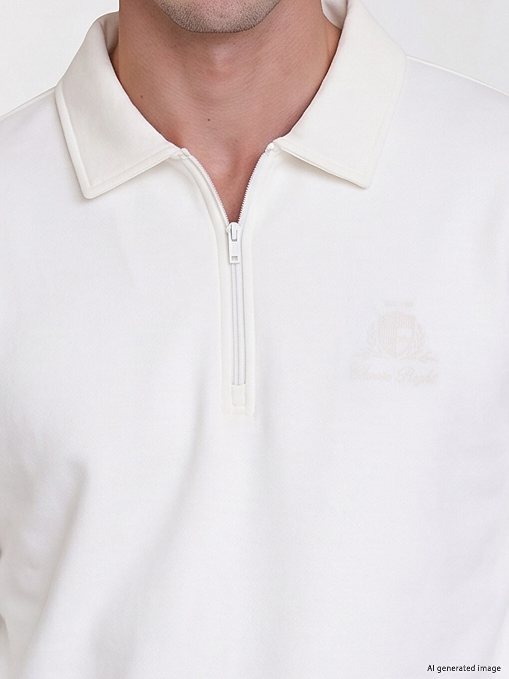 Beyaz Polo Yaka Baskılı Erkek Sweatshirt-2