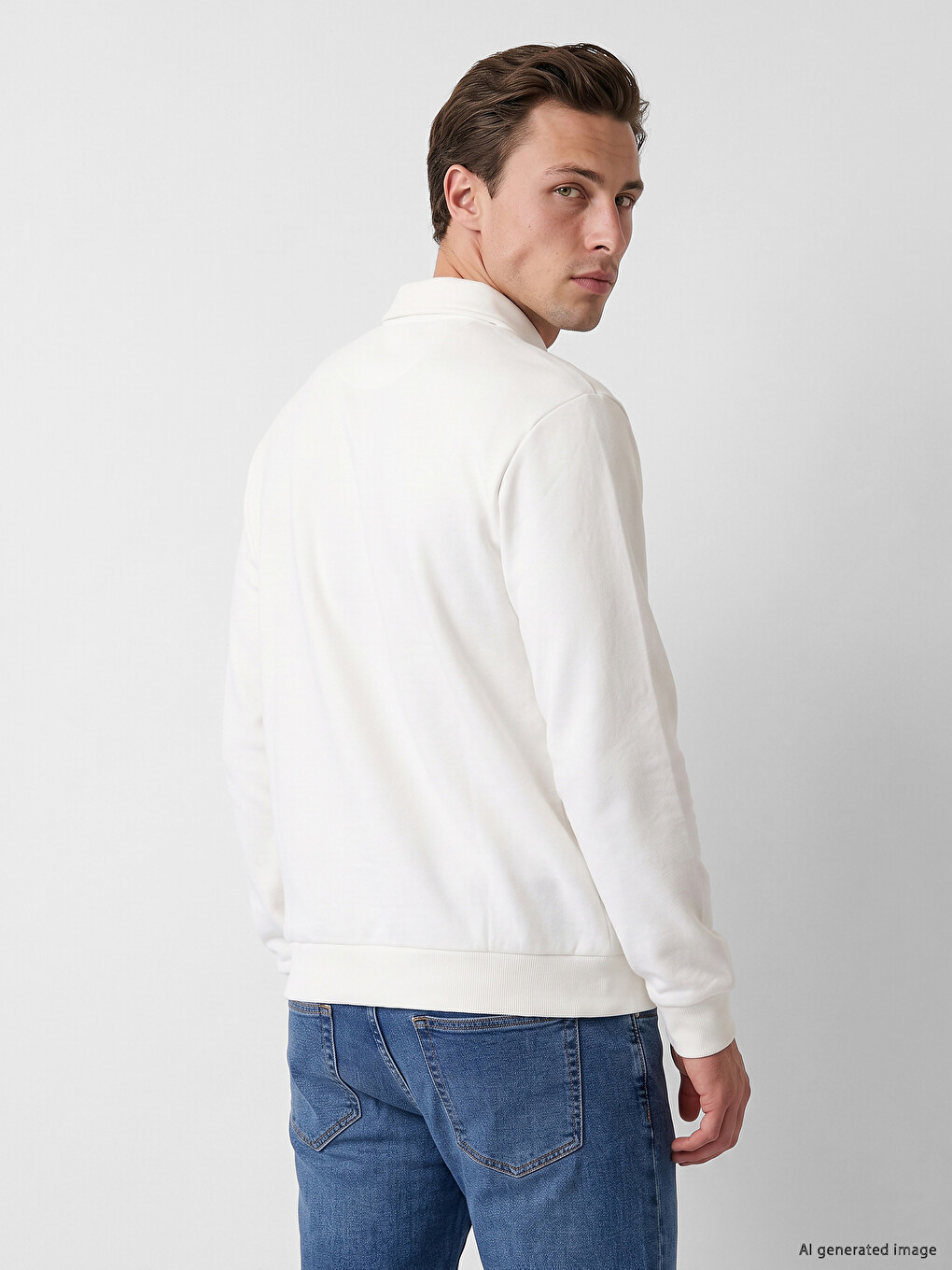 Beyaz Polo Yaka Baskılı Erkek Sweatshirt-3