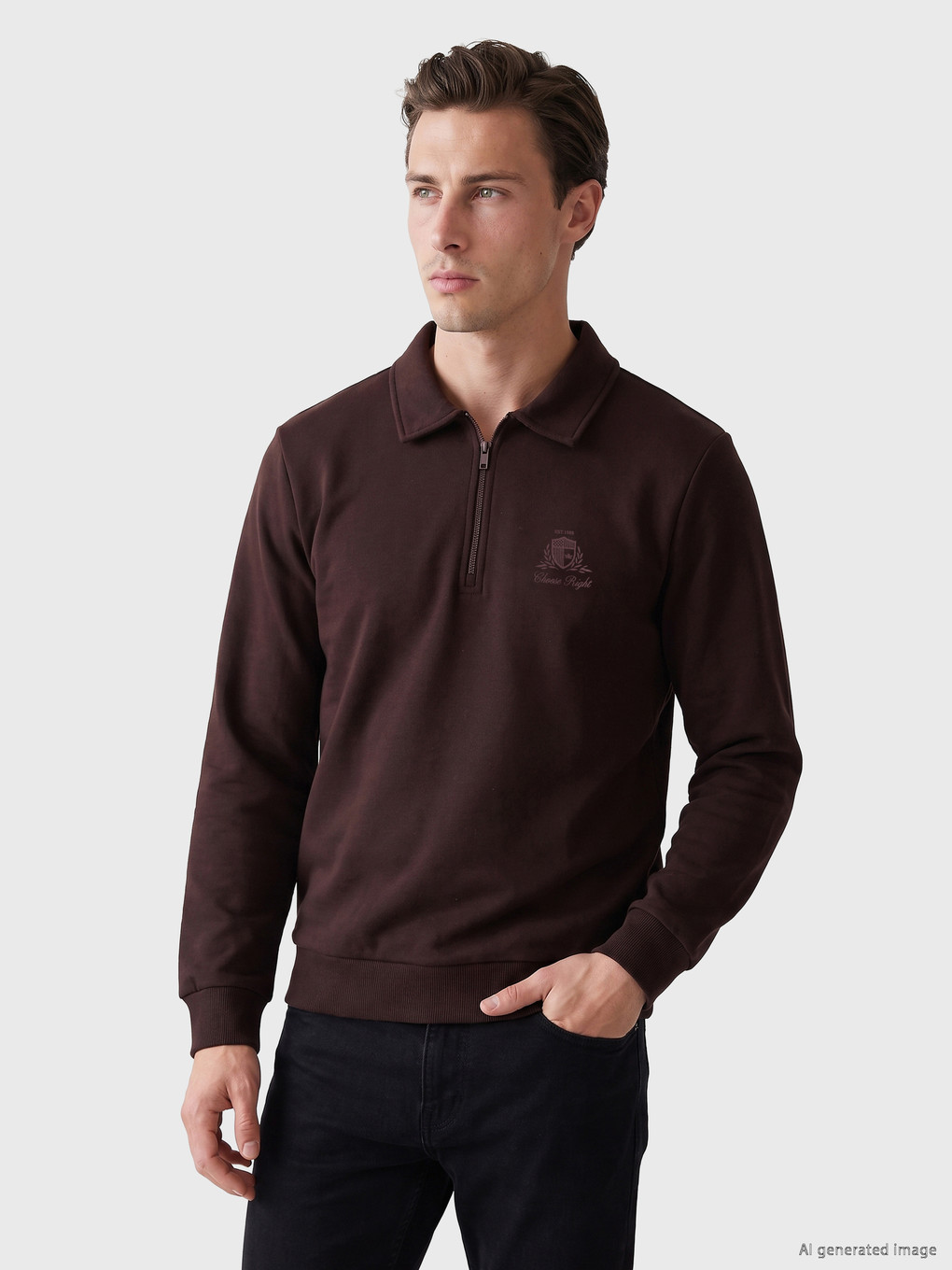 Mürdüm Polo Yaka Erkek Kalın Sweatshirt
