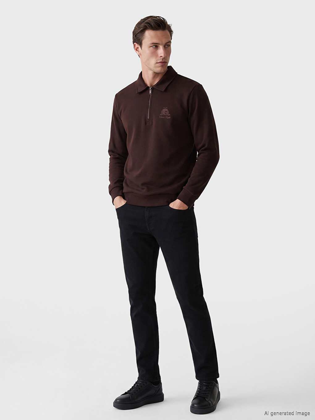 Mürdüm Polo Yaka Erkek Kalın Sweatshirt-1