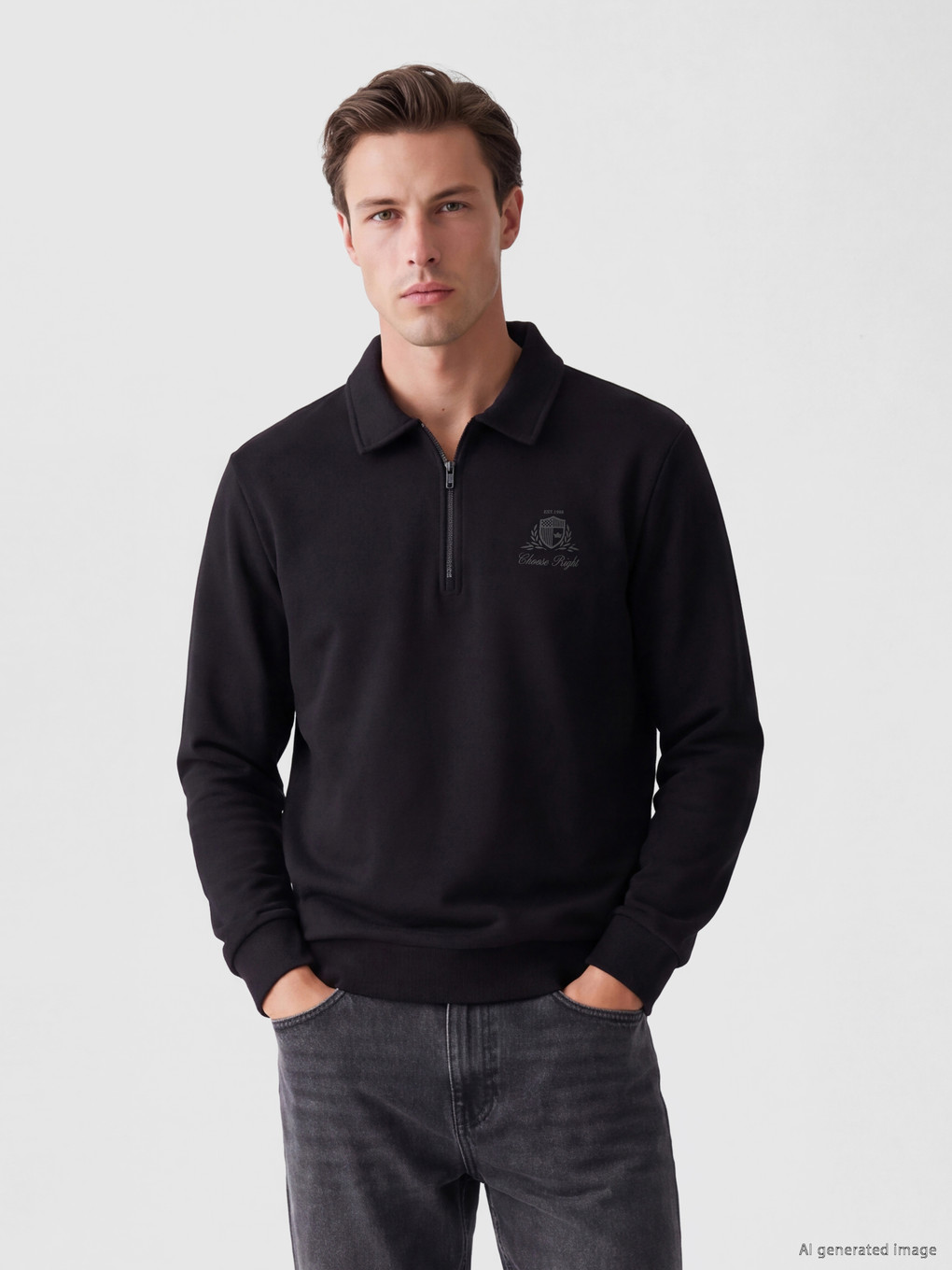 Polo Collar Printed Men's Thick Sweatshirt