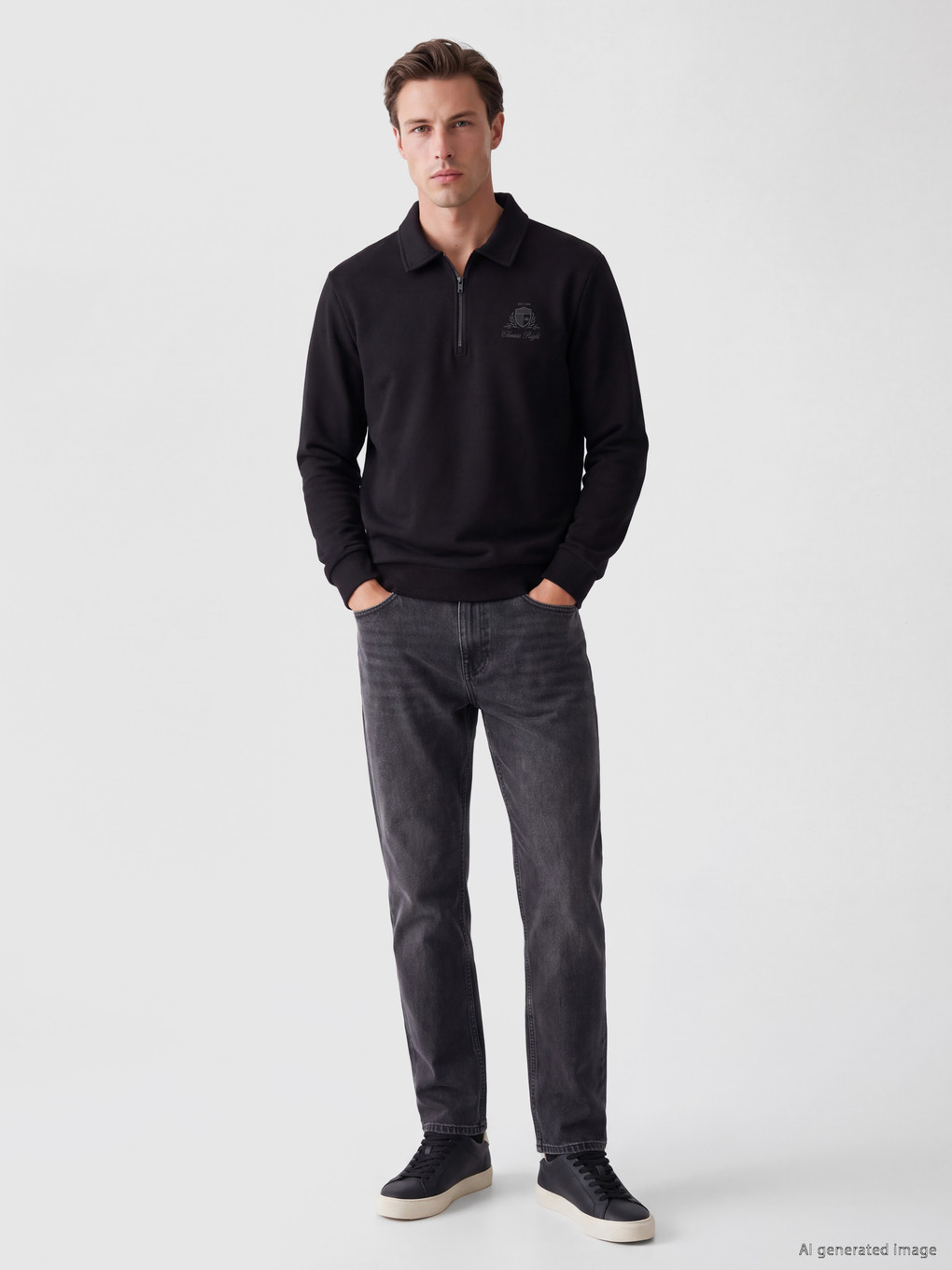 Polo Collar Printed Men's Thick Sweatshirt-1