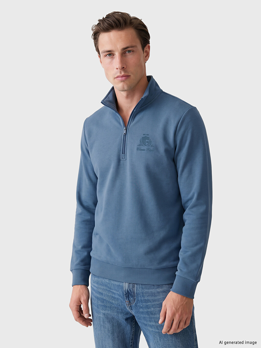 İndigo Polo Yaka Erkek Kalın Sweatshirt