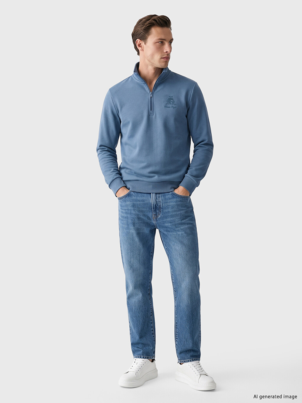 İndigo Polo Yaka Erkek Kalın Sweatshirt-1