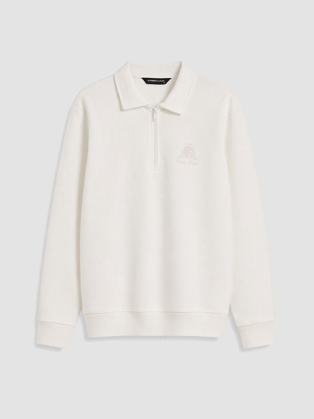 Beyaz Polo Yaka Baskılı Erkek Sweatshirt-4