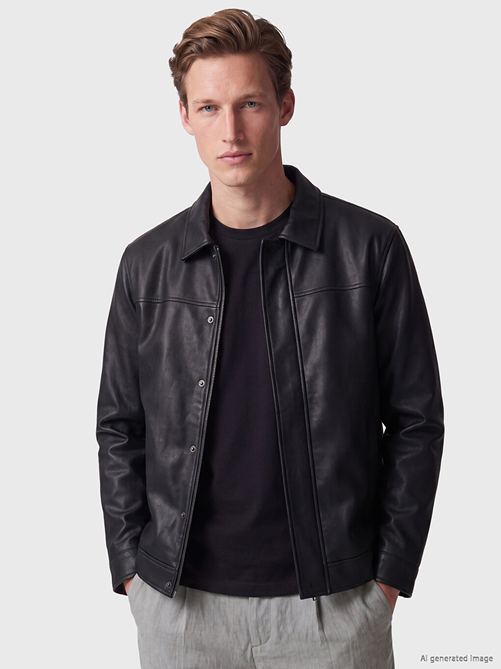 Siyah Regular Fit Erkek Deri Görünümlü Mont