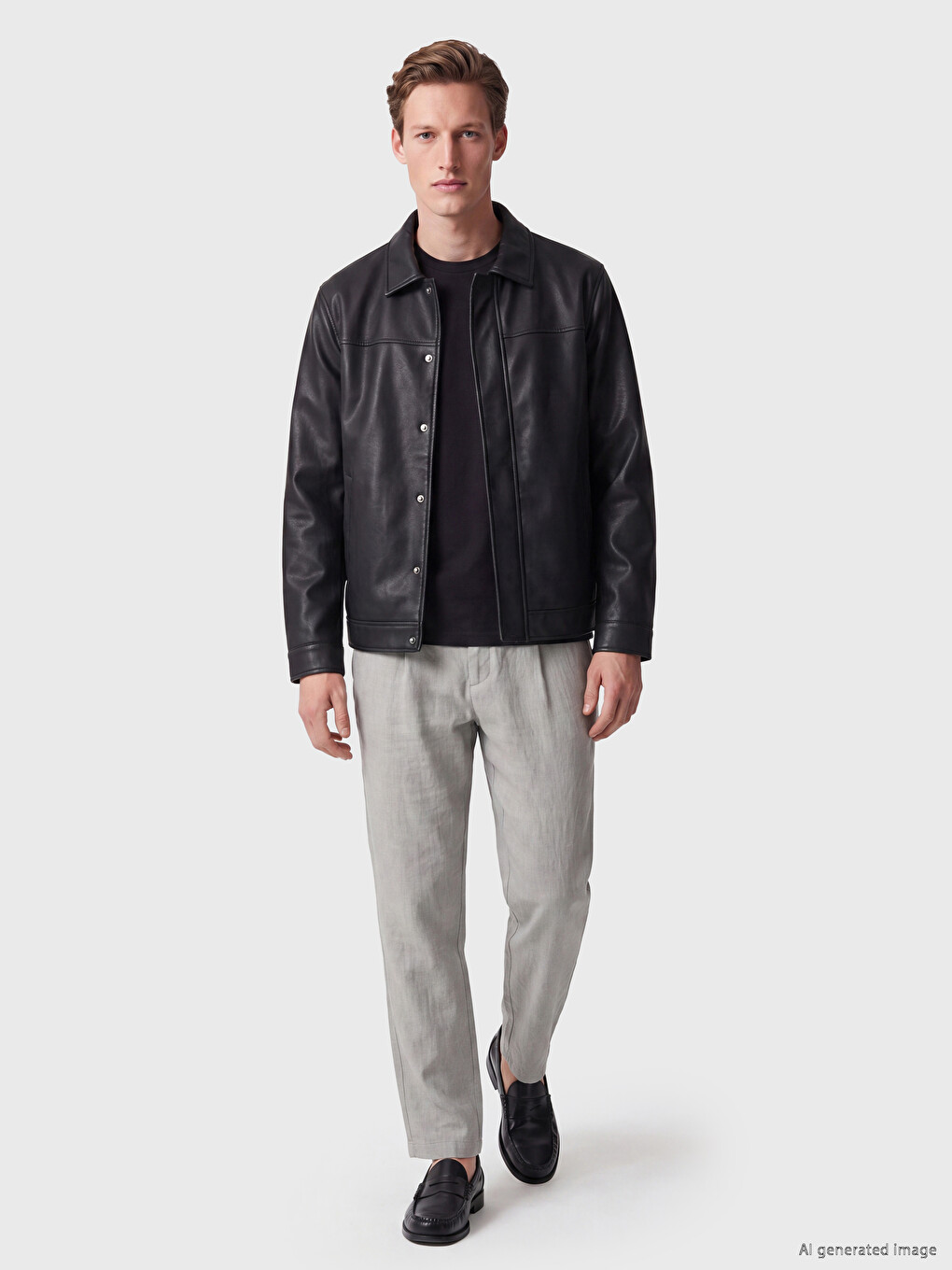 Siyah Regular Fit Erkek Deri Görünümlü Mont-1
