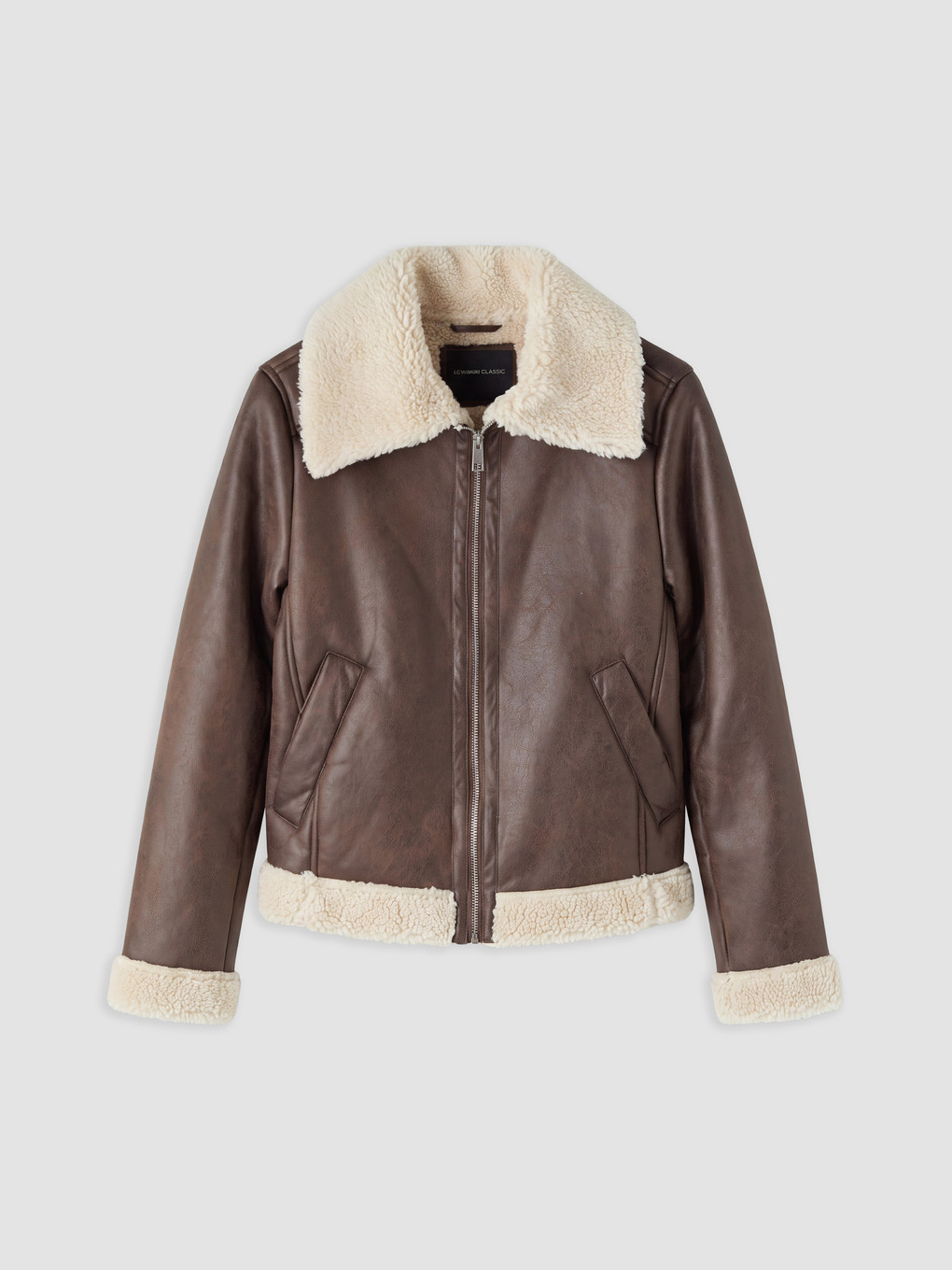 Faux Fur Collar Women's Faux Leather Coat-5