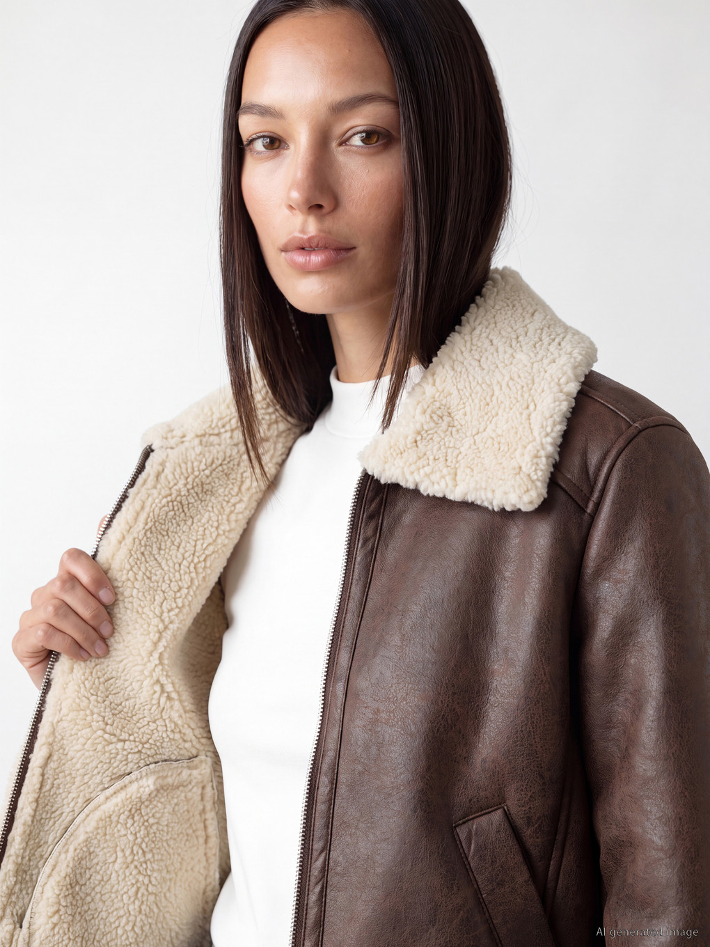 Faux Fur Collar Women's Faux Leather Coat-2