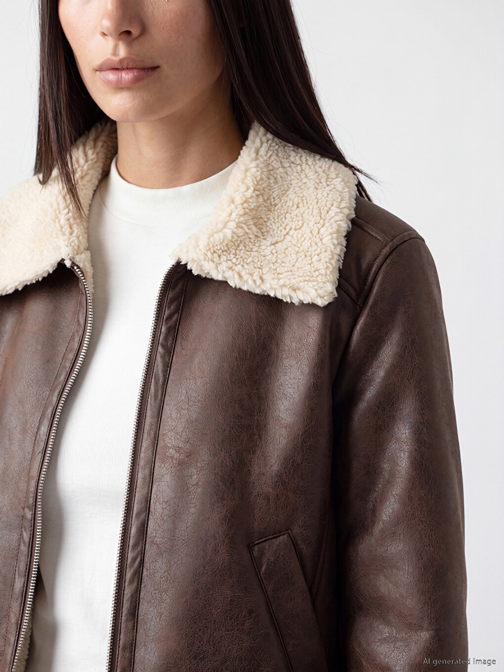 Faux Fur Collar Women's Faux Leather Coat-3