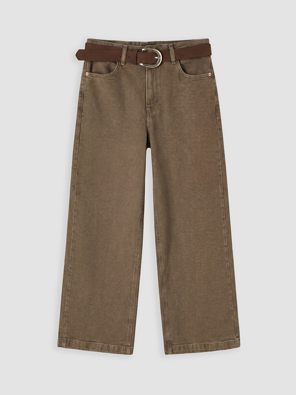 Kahverengi Beli Kemerli Wideleg Kadın Jean Pantolon