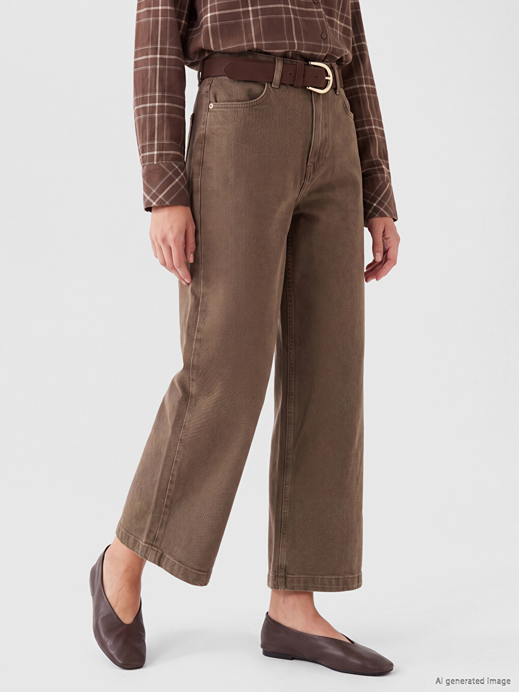 Kahverengi Beli Kemerli Wideleg Kadın Jean Pantolon-4