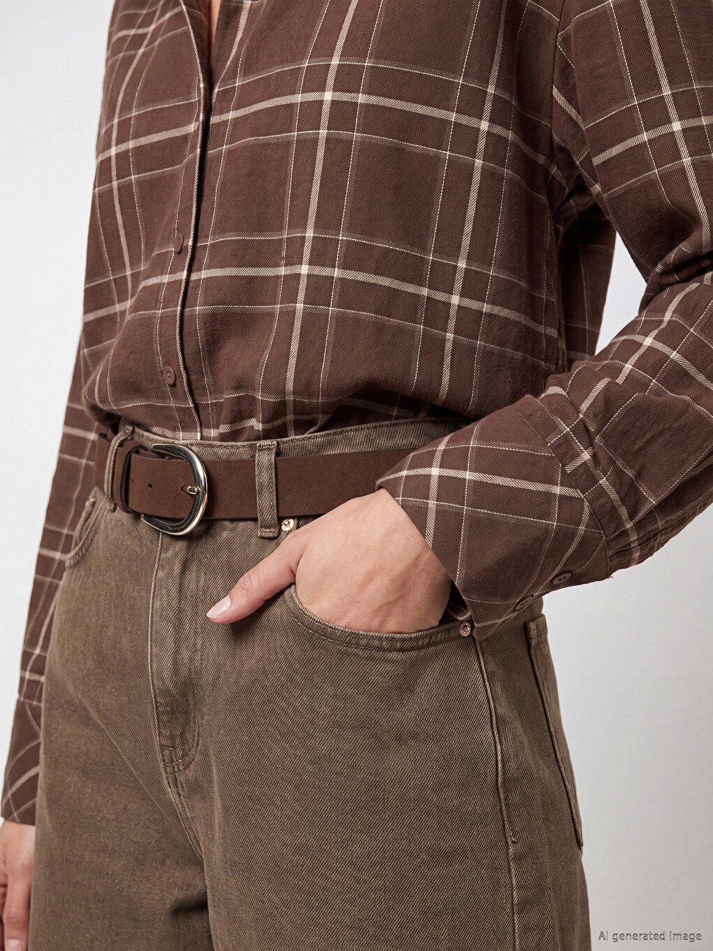 Kahverengi Beli Kemerli Wideleg Kadın Jean Pantolon-5