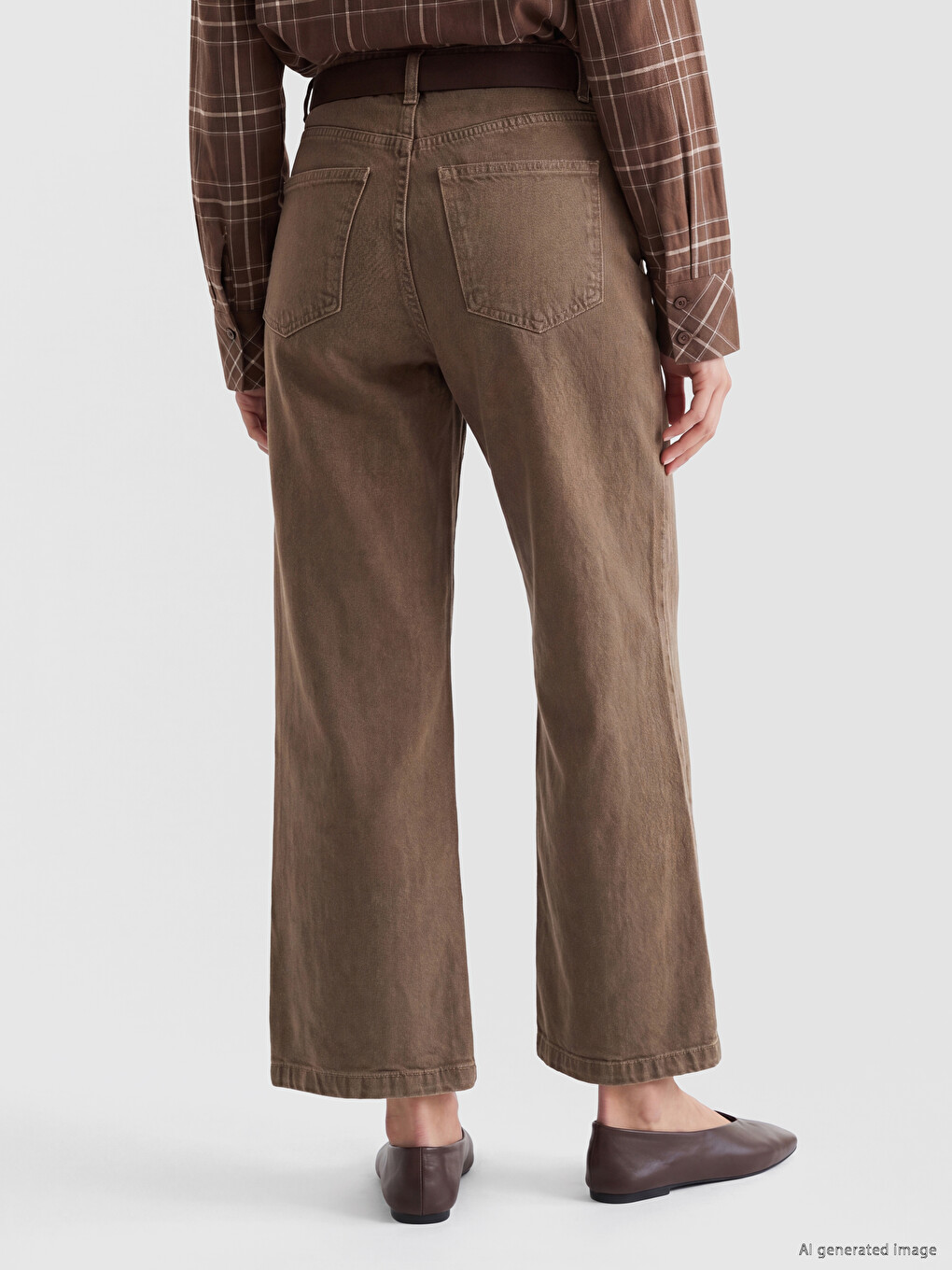 Kahverengi Beli Kemerli Wideleg Kadın Jean Pantolon-6