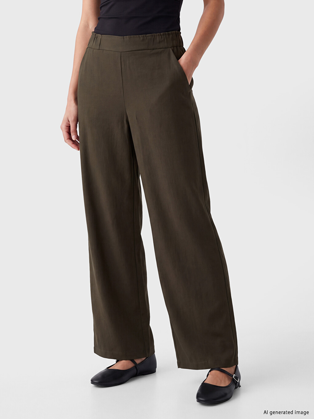 Haki Beli Lastikli Geniş Paça Kadın Pantolon-1
