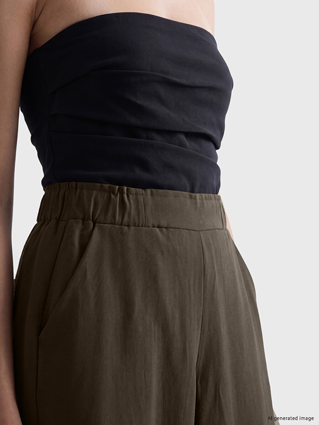 Haki Beli Lastikli Geniş Paça Kadın Pantolon-2
