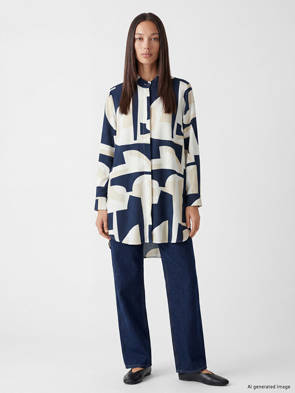 Grandad Collar Patterned Women's Shirt Tunic-1