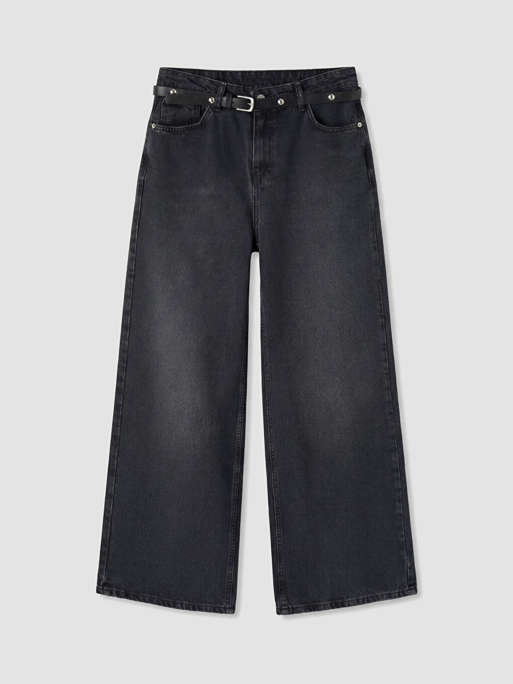 Siyah Beli Kemerli Wideleg Kadın Jean Pantolon
