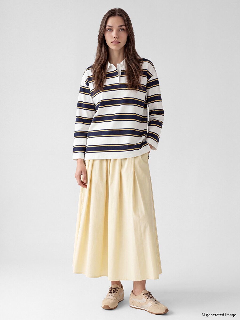 Karışık Polo Yaka Çizgili Oversize Kadın Sweatshirt Tunik-1