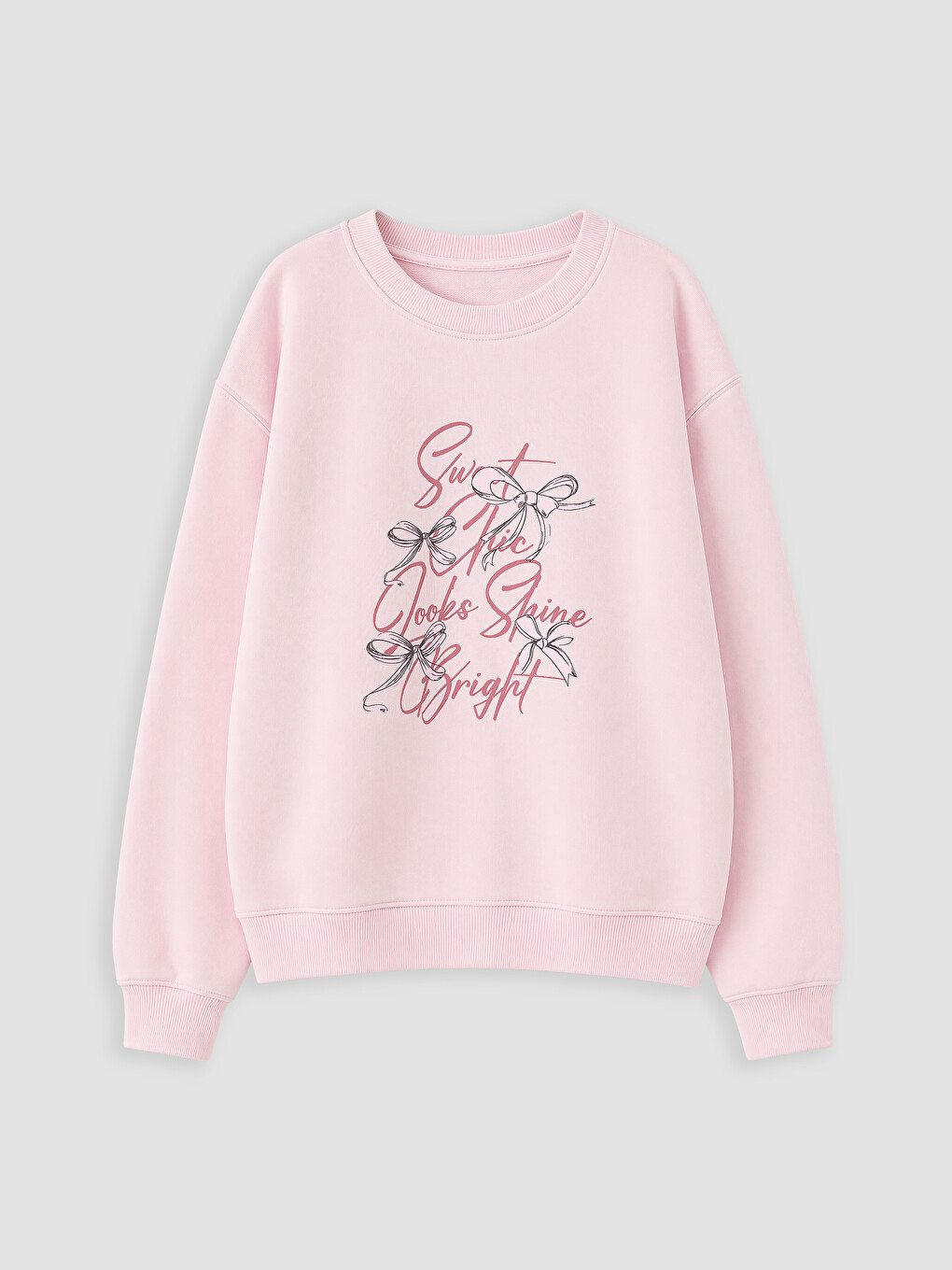 Pembe 2'li Bisiklet Yaka Baskılı Kız Çocuk Kalın Sweatshirt-4