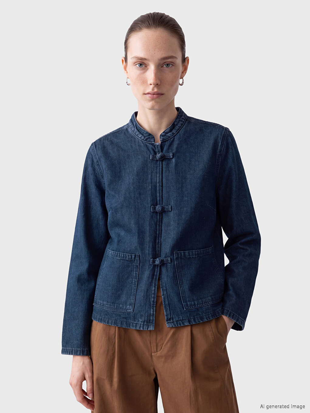 Grandad Collar Women's Jean Jacket-1