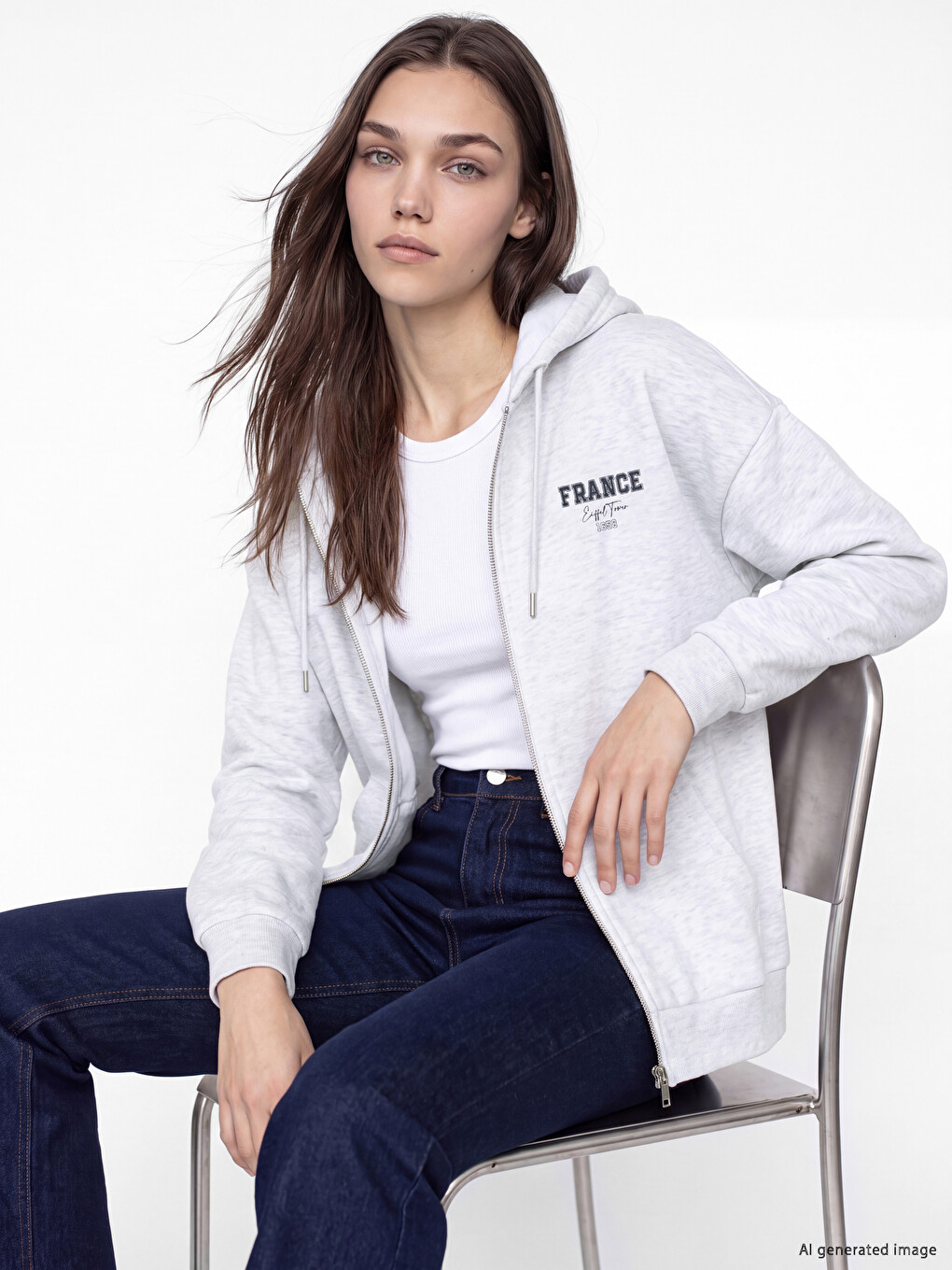 Gri Kapüşonlu Oversize Kadın Kalın Fermuarlı Sweatshirt