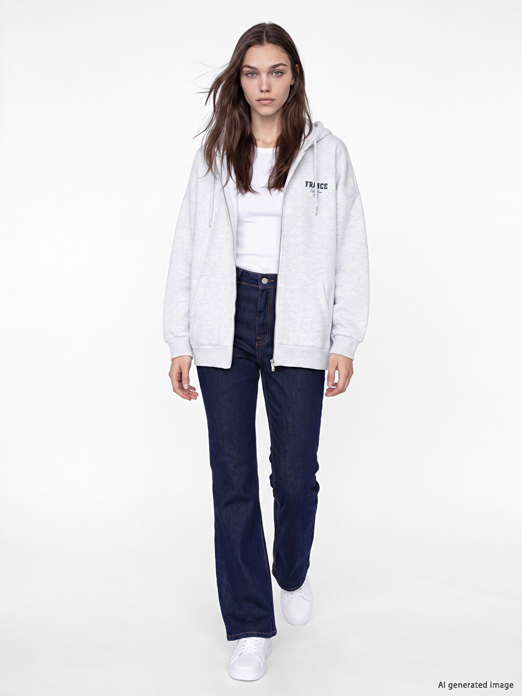 Gri Kapüşonlu Oversize Kadın Kalın Fermuarlı Sweatshirt-1