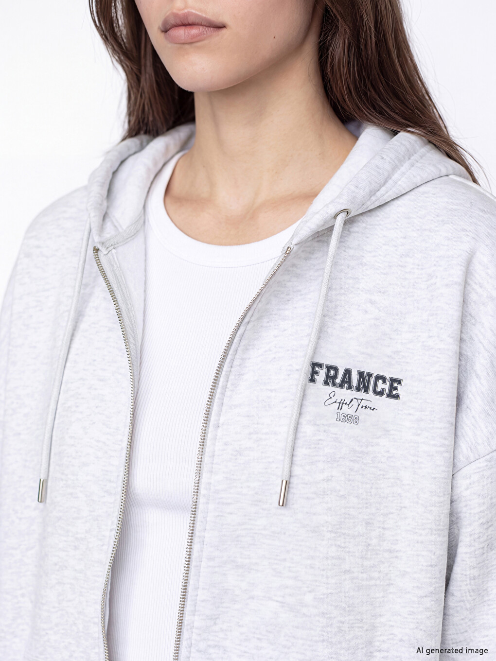 Gri Kapüşonlu Oversize Kadın Kalın Fermuarlı Sweatshirt-2