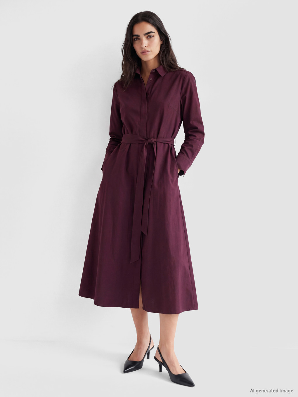  Long Sleeved Sashed Shirt Collar Midi Dress