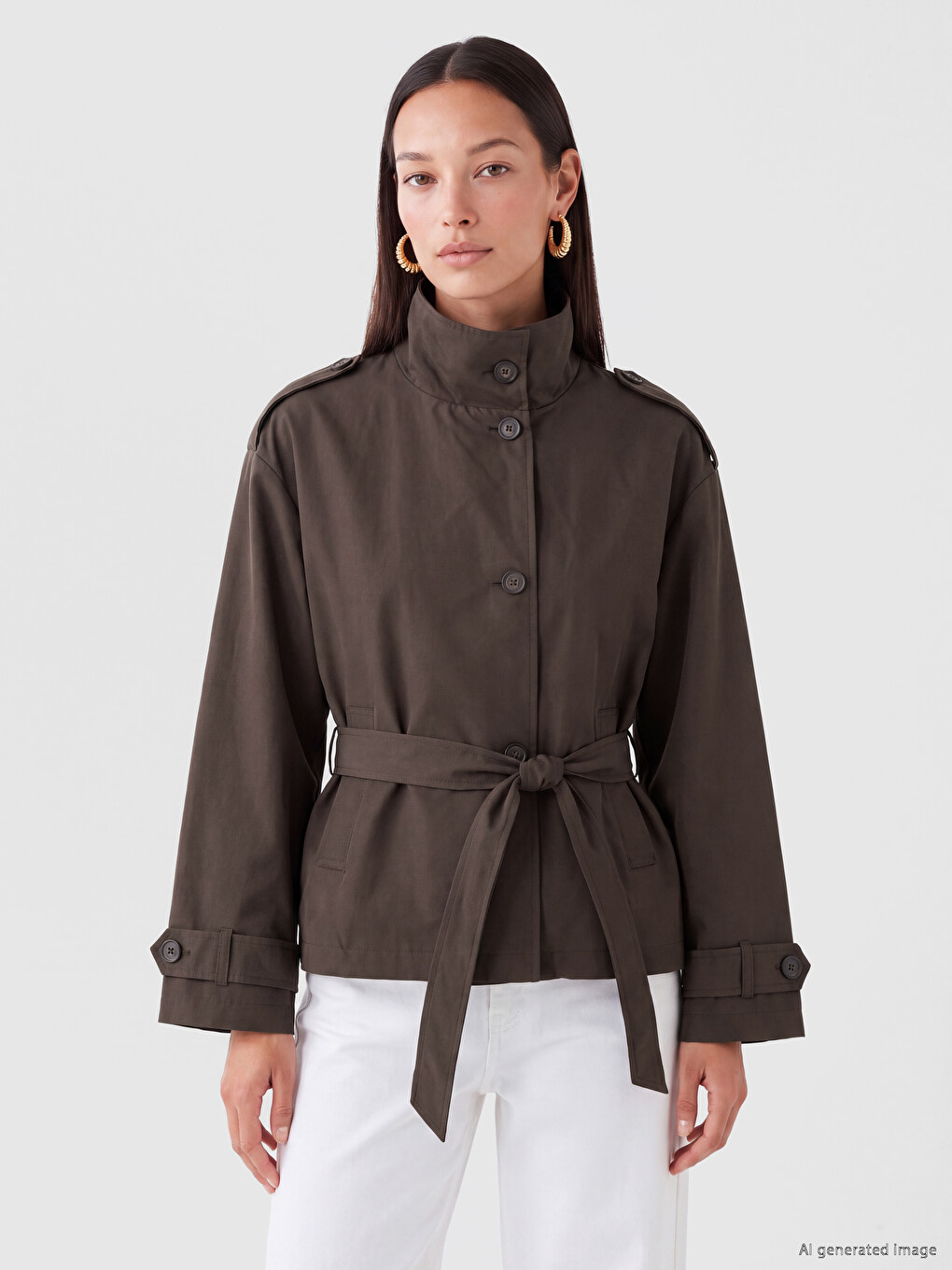 Kahverengi Kuşaklı Oversize Kadın Trençkot