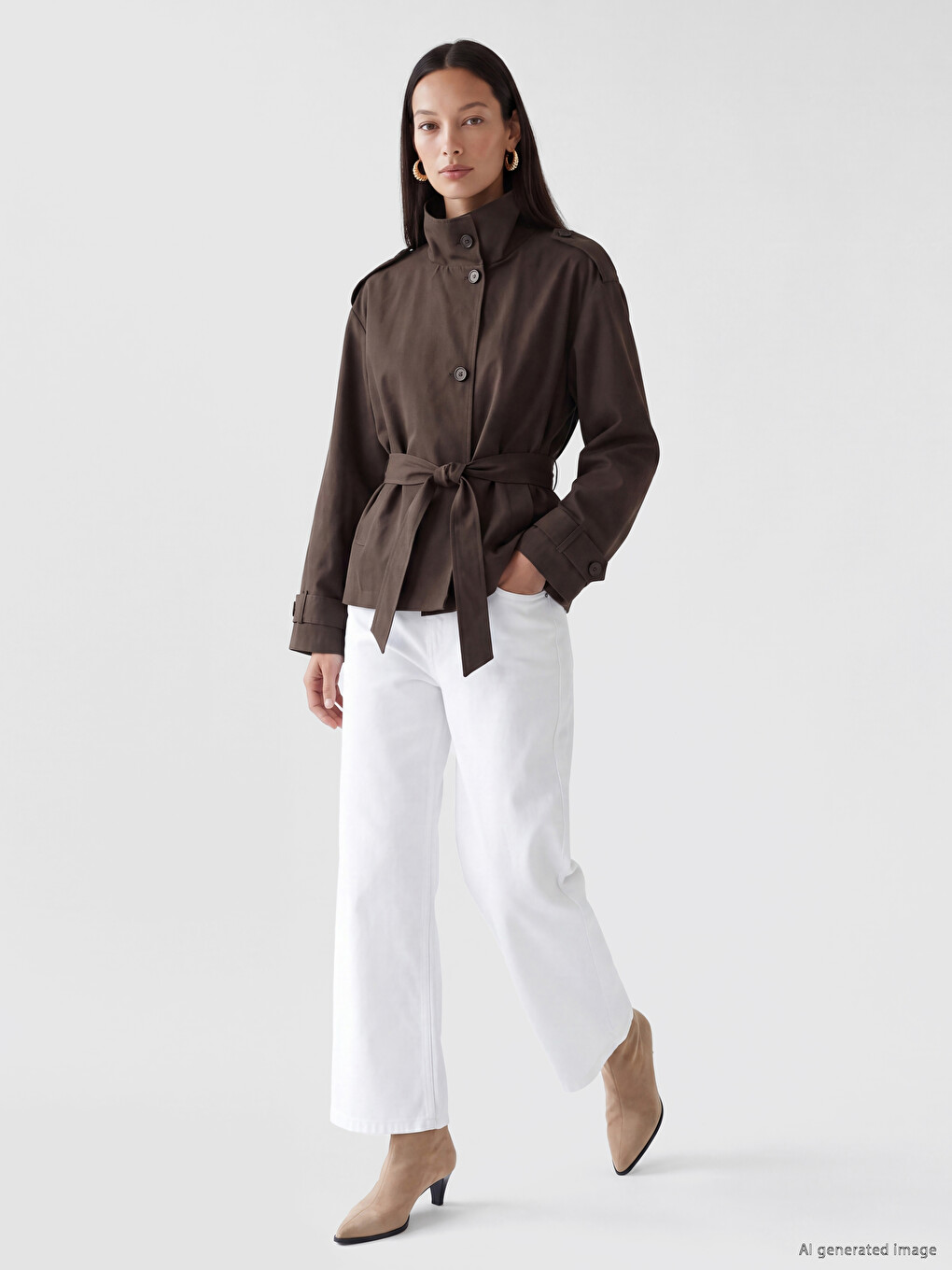 Kahverengi Kuşaklı Oversize Kadın Trençkot-1