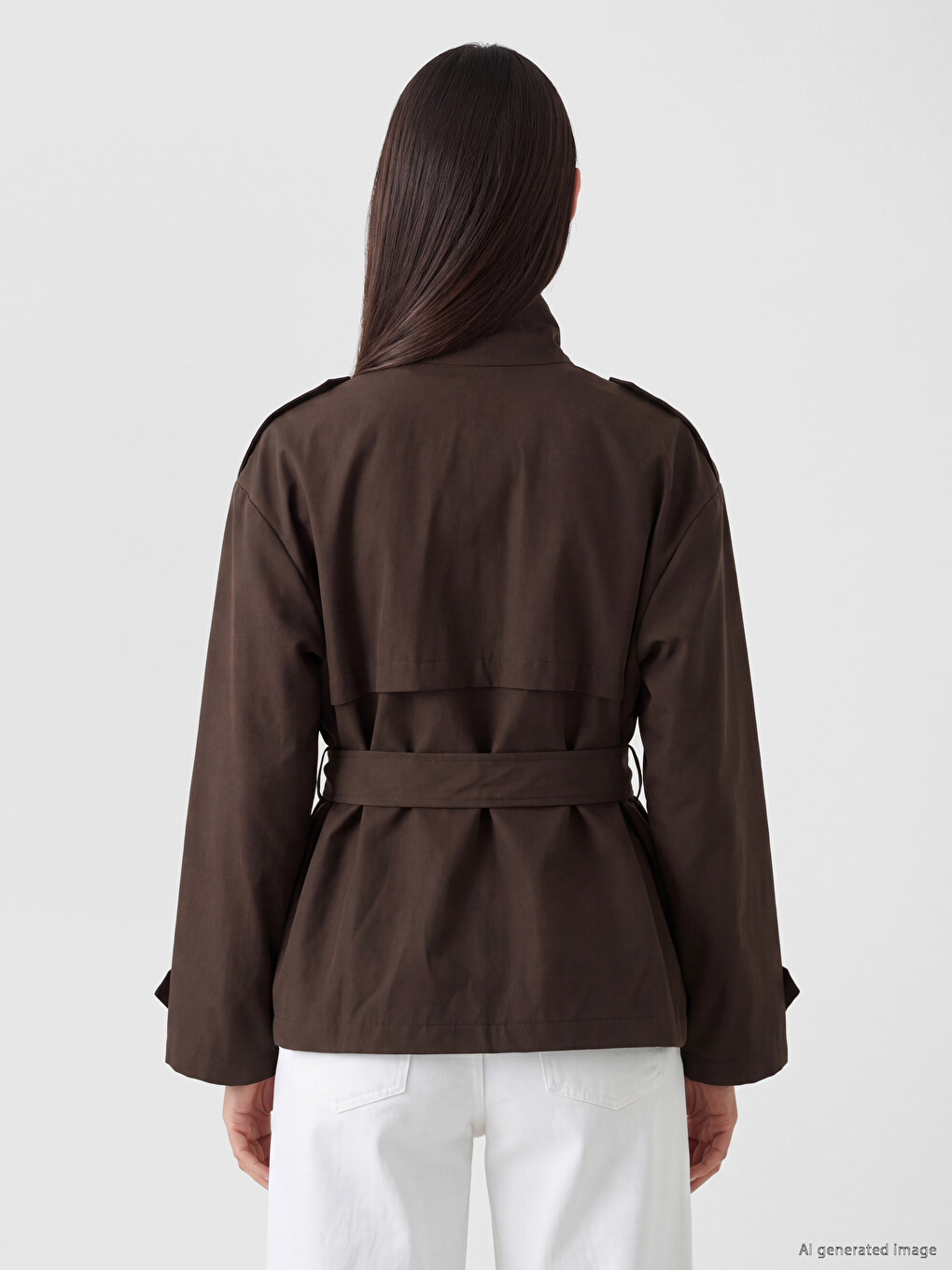 Kahverengi Kuşaklı Oversize Kadın Trençkot-4