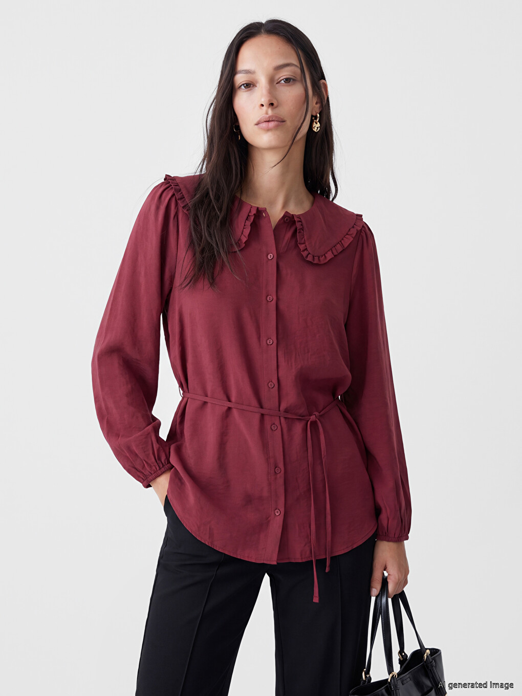 Bordo Bebe Yaka Modal Karışımlı Kadın Gömlek Tunik