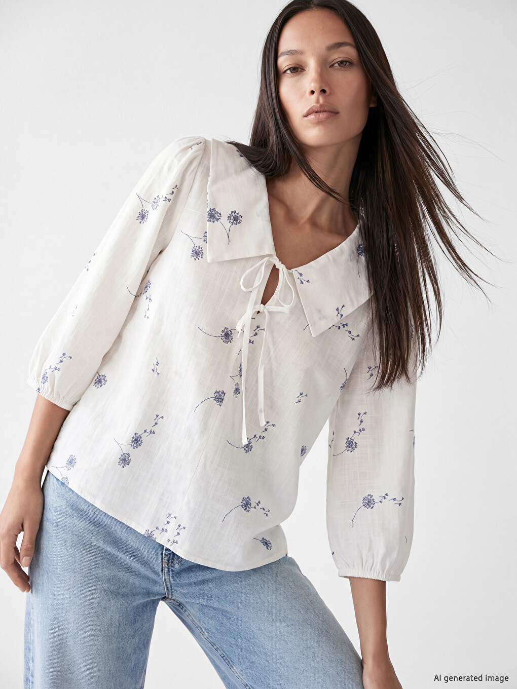 Peter Pan Collar Patterned Tie-detail Blouse
