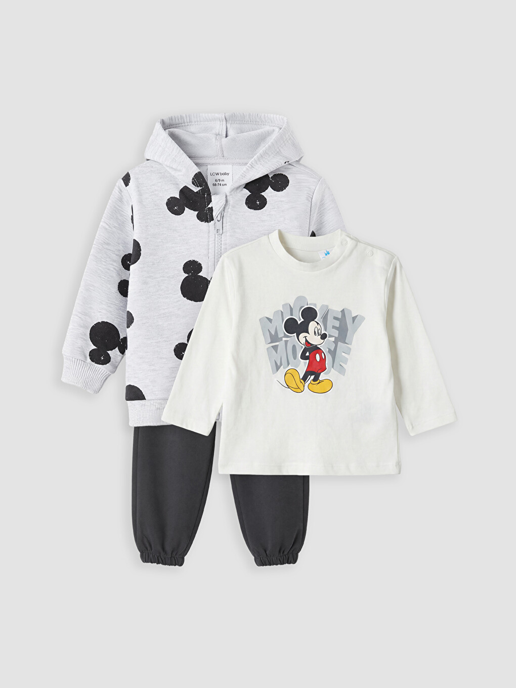 Ekru Mickey Mouse Baskılı Erkek Bebek 3'lü Takım