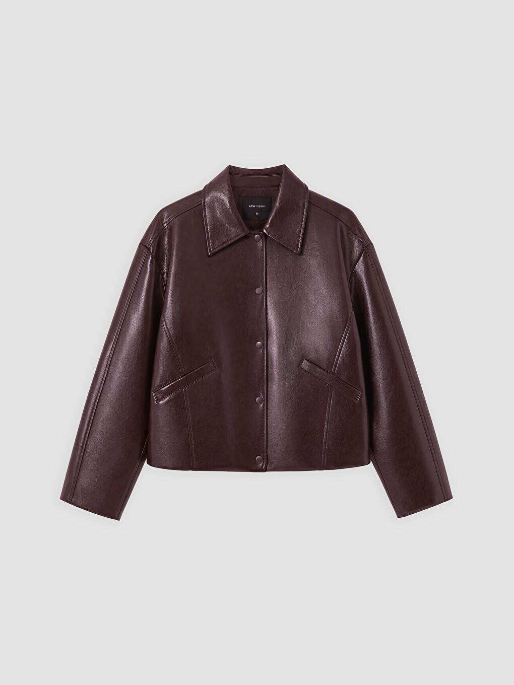 Bordo Oversize Kadın Deri Görünümlü Ceket-5