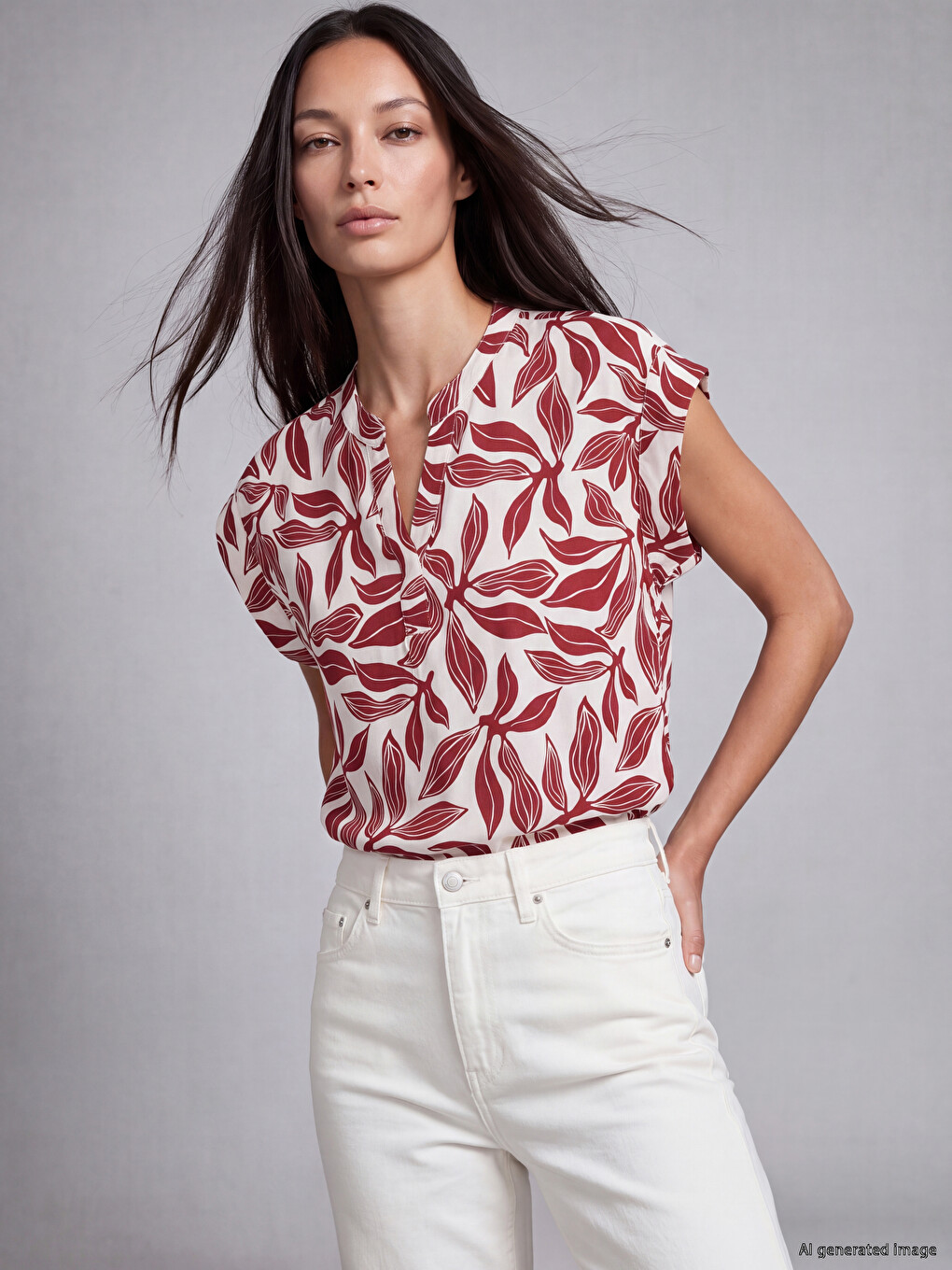 Grandad Collar Leaf Patterned Blouse