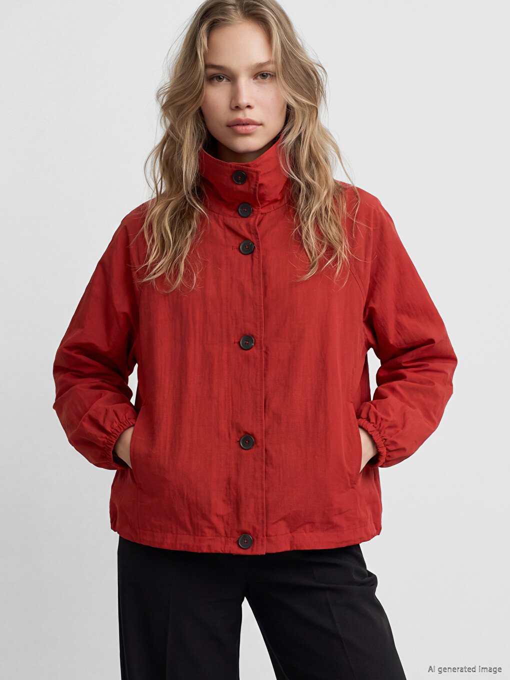 Kırmızı Dik Yaka Oversize Kadın Mont