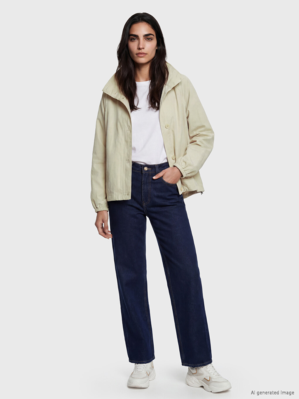 Bej Dik Yaka Oversize Kadın Mont-1