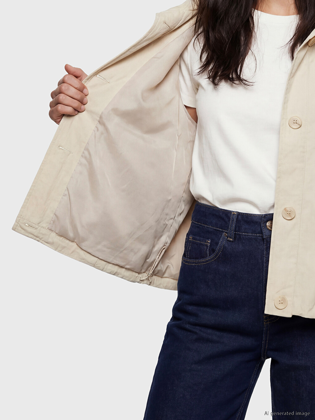 Bej Dik Yaka Oversize Kadın Mont-3