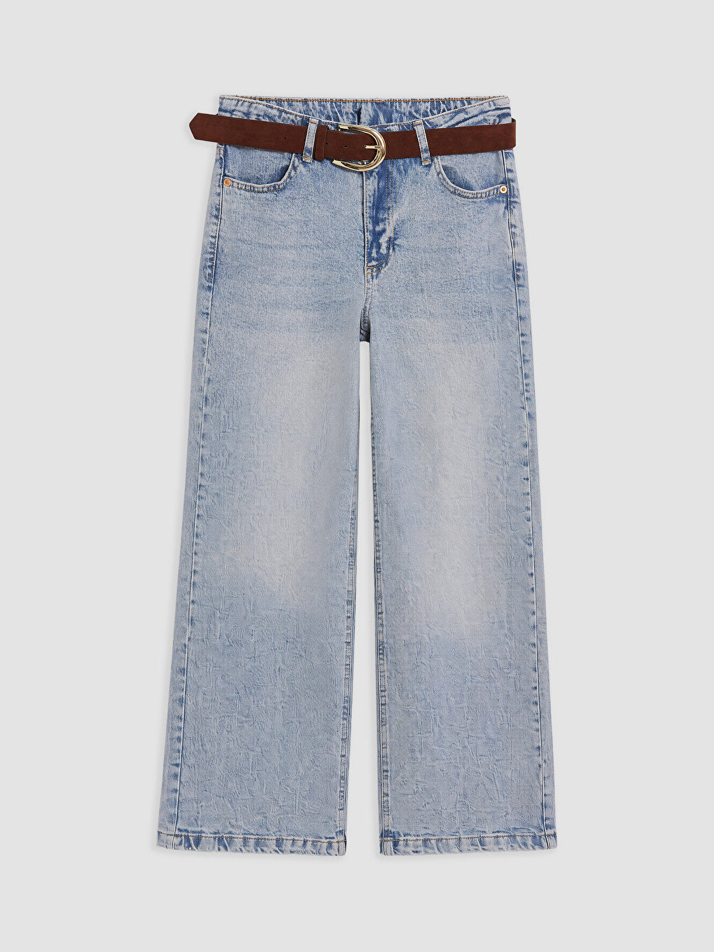İndigo Beli Kemerli Wideleg Kadın Jean Pantolon-4