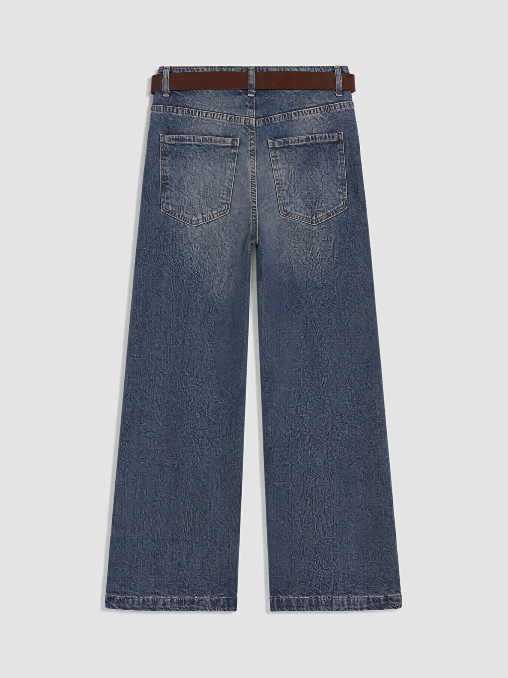 İndigo Beli Kemerli Wideleg Kadın Jean Pantolon-2